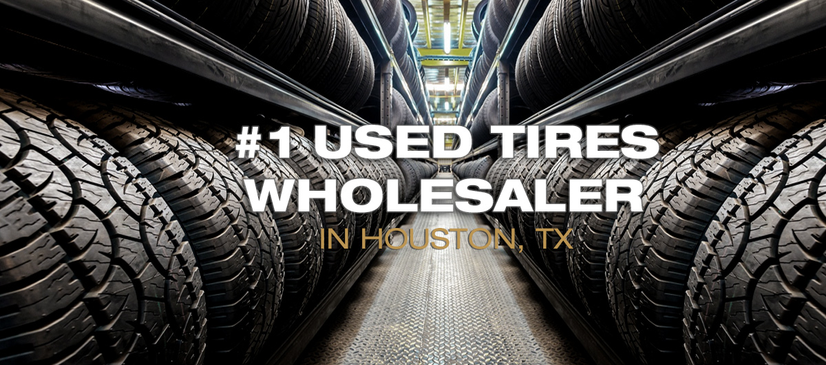 This image shows a row of tons of tires on industrial racks to show how much inventory we have of wholesale used tires in Houston, Texas.